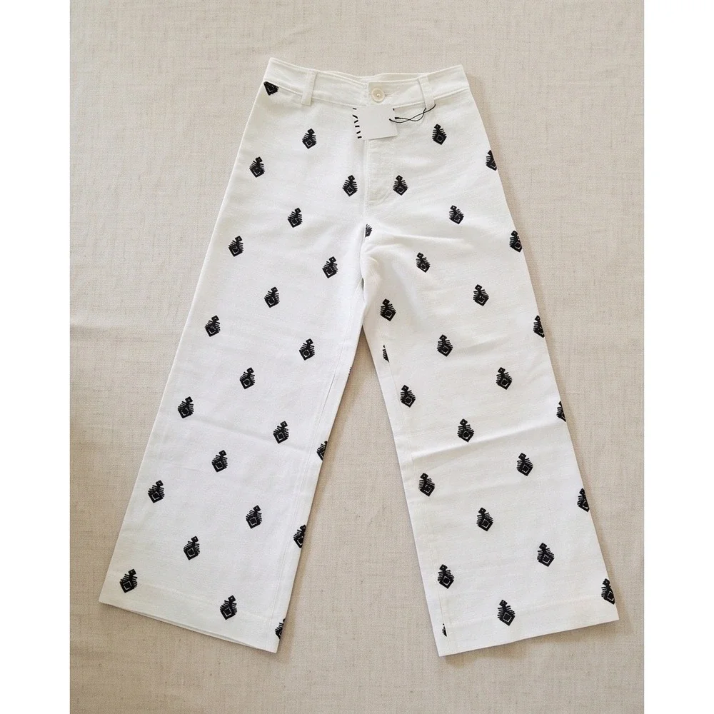 Zara Women's XS Embroidered Linen Wide Leg Pants Eggshell White Black NWT